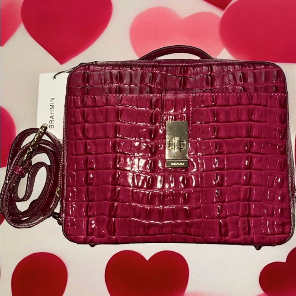 Brahmin Evie Fuschia La Scala Embossed Leather Cross Body Square Hand Bag  NWT